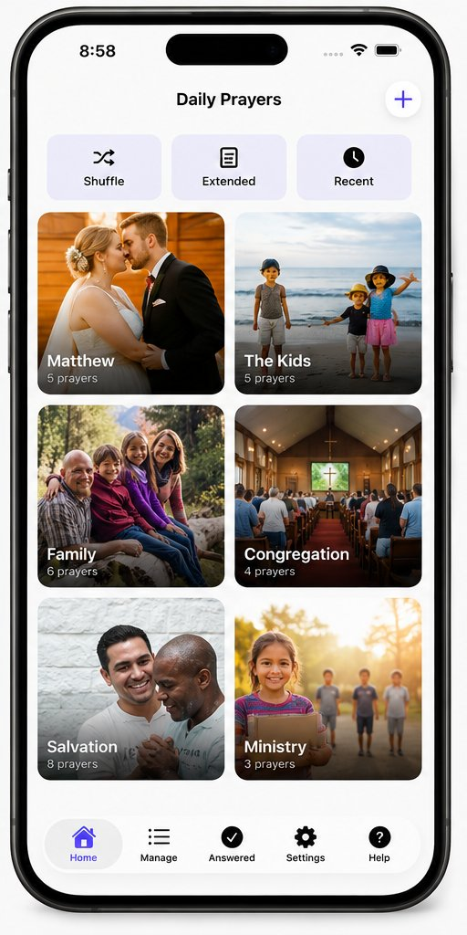 Pray By Name home screen showing prayer lists